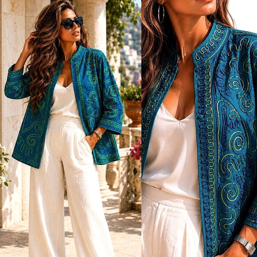 Catherines 2X Coastal Embroidered Artisan Jacket Blue Green Abstract Boho Blazer